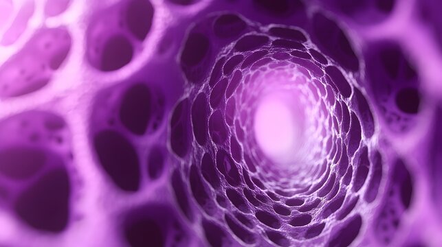 Abstract tunnel with organic purple porous textures stretches toward a bright light.