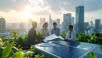 Fototapeta premium Diverse Team of Urban Planners and Sustainability Consultants Meeting on Rooftop Garden with Solar Panels