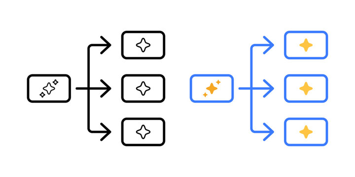Task splitting process symbol. Single input dividing into multiple parallel paths. AI task distribution and parallel execution concept. Simple geometric illustration.