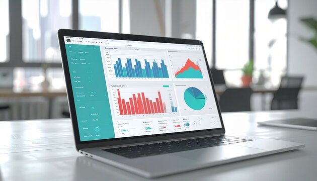 Modern AI Analytics SaaS Dashboard on MacBook Pro in Bright Open Office with Team Collaboration