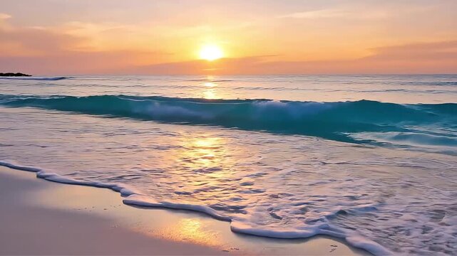 Calm Beach Sunset Over Gentle Ocean Waves.