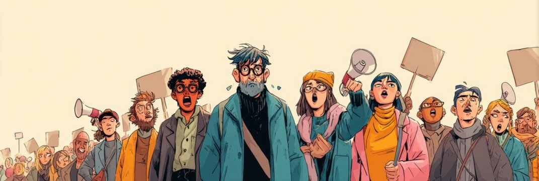 Activists are protesting in a crowd on the streets - animation style cartoon drawing of protestors performing activism