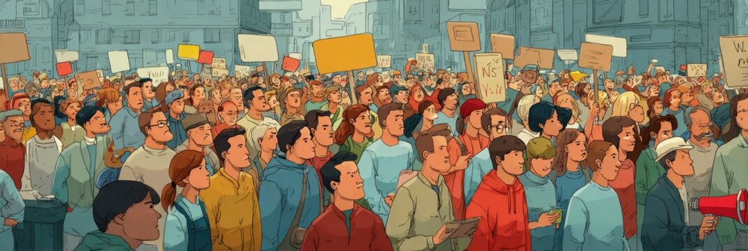Activists are protesting in a crowd on the streets - animation style cartoon drawing of protestors performing activism