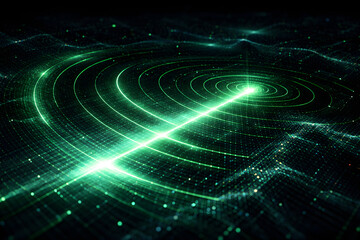 Obraz premium Abstract Digital Radar Scan Concept - Futuristic Green Sonar Display with Sweeping Beam and Data Grid - Technology, Surveillance and Navigation Background