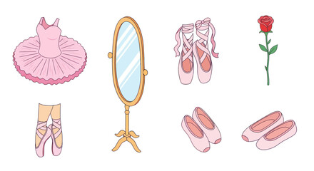 Ballet Dancer's Essentials: Tutu, Pointe Shoes, Mirror, and Rose Illustration © Aziz