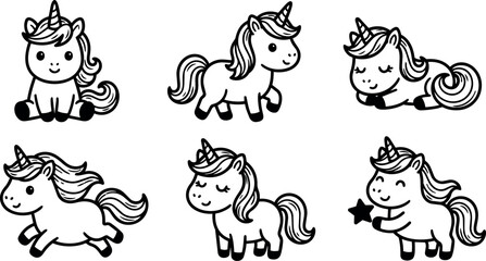 Naklejka premium Black and white line art cute cartoon unicorns in different poses
