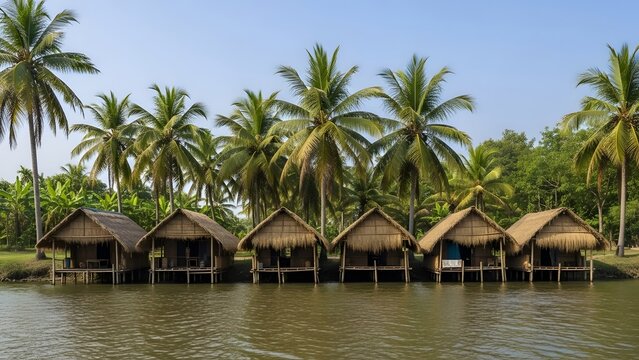 Thatched Roof Huts over Water Amidst Lush Palm Trees in a Tropical Setting