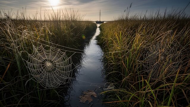 Sunlit Dew covered Spiderwebs Frame a Serene Waterway in a Green Marshland