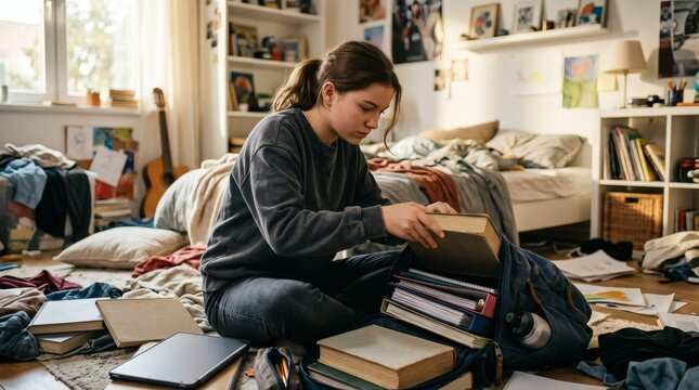A young woman sits on the floor of her cluttered bedroom surrounded by books and clothes