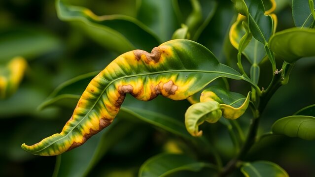 Close Up of a Green Citrus Leaf Showing Symptoms of Leaf Curl Disease