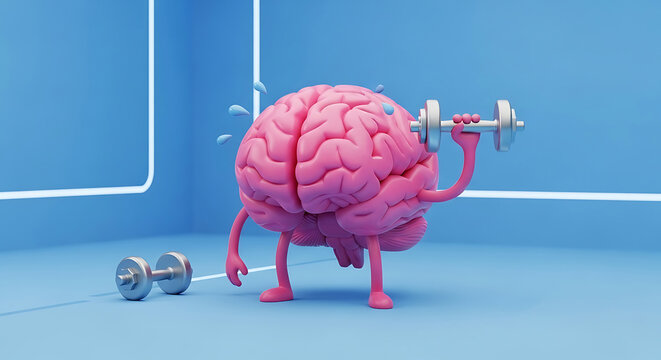 A pink brain character lifting a dumbbell in a blue room with white lines, symbolizing mental fitness and exercise