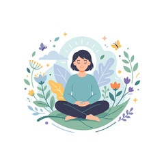 Obraz premium Woman meditating in a serene garden with flowers and leaves around her