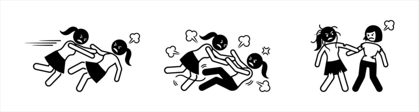 Sequential illustration of two women engaged in a heated physical altercation and conflict