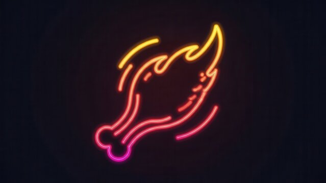 Vibrant neon glowing spicy chicken drumstick icon on a dark background showcasing fiery flavor