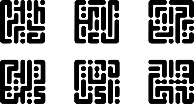 Black minimalist maze icons set six square shapes in flat design