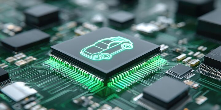 car-shaped computer chip in motherboard for automotive processing