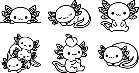 Fototapeta premium Black and white line art cute axolotl characters in various poses with apple hat