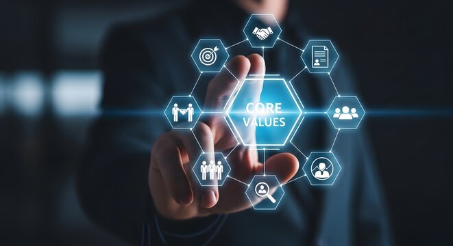 Hand touches holographic core values interface with business icons showing