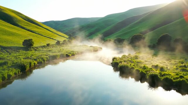 Radiant dawn mist hovering over a reflective river pool in rolling emerald hills, capturing still water, delicate vapor, and expansive pastoral contours in a serene untouched valley at sunrise