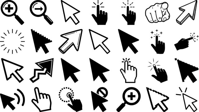 Collection of black and white computer mouse cursor icons and hand pointers