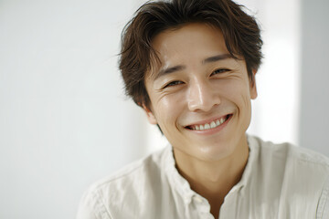 Naklejka premium 白い歯で笑う日本人男性のポートレート（審美歯科・清潔感・第一印象）｜Japanese man smiling with clean white teeth, dental aesthetics and professional image