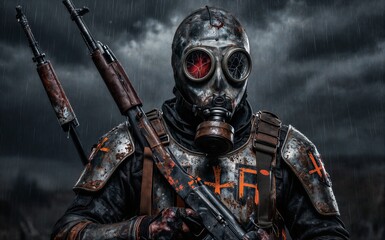 Obraz premium Rusted soldier in gas mask wielding guns under stormy rain.