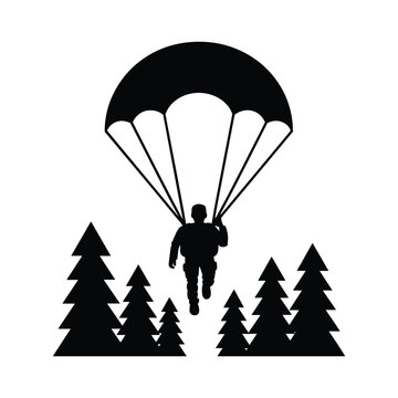 Paratrooper descending with a parachute silhouette over a pine forest landscape background