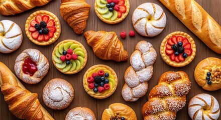 Fototapeta premium An abundant assortment of freshly baked pastries and golden rolls displayed on a rustic wooden table, showcasing diverse textures and glazes, snack, table, rustic