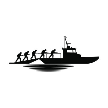 Silhouette of a naval patrol boat with soldiers in tactical positions on the water, military