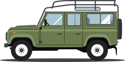 Classic Off-Road Adventure SUV with Roof Rack and Spare Tire Side View Flat Vector Illustration for Safari and Travel Concept © Master