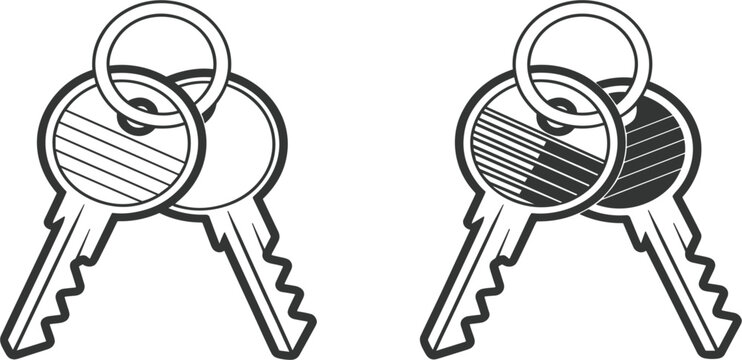 Hand drawn house key set on keychain ring for real estate security and new home ownership vector