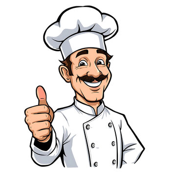 Cheerful cartoon chef giving thumbs up in kitchen setting with white uniform and hat