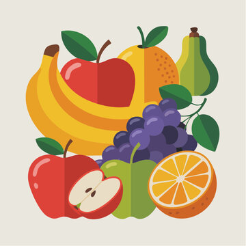 Colorful illustration of assorted fresh fruits including apples, banan