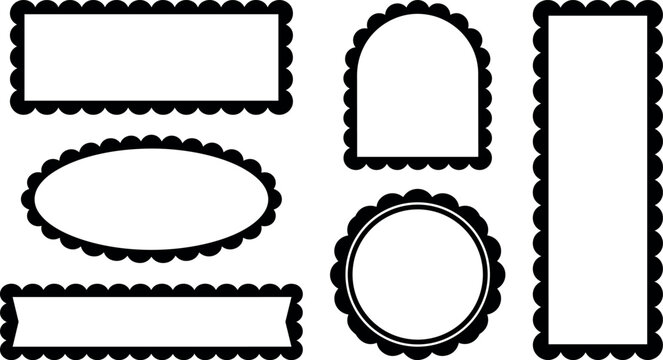 Black scalloped edge frames set with varied shapes vector art