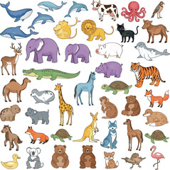 Fototapeta premium Set of Colorful Cartoon Animal Illustrations Including Land and Sea Creatures for Children's Books, Education, and Wildlife Designs