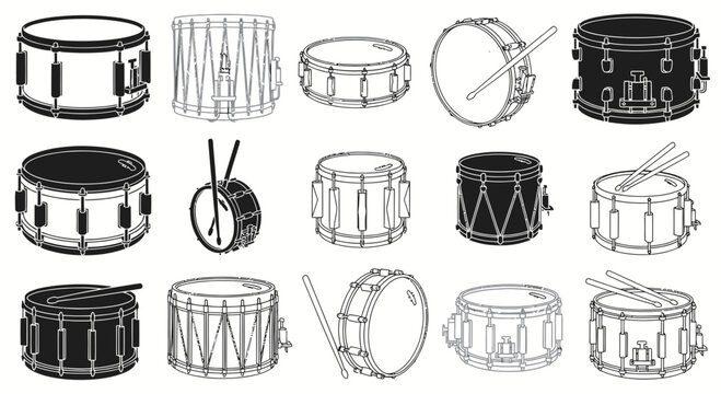 Drum Collection: Variety of Snare Drums and Bass Drums in Black and White Illustrations