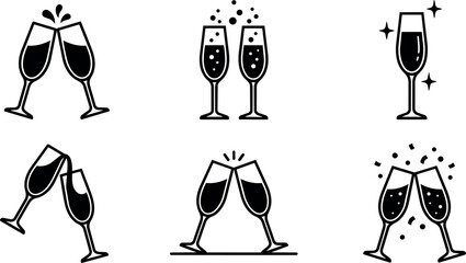 Obraz premium Black and white champagne glasses clinking celebration icons set