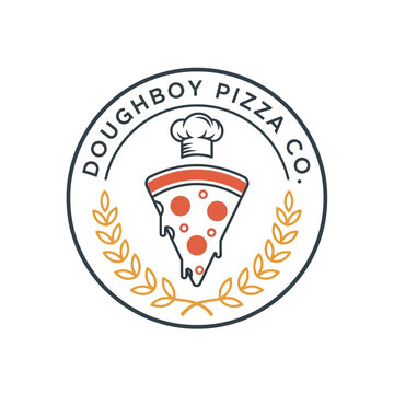 Doughboy Pizza Co. Logo with Chef Hat and Pizza Slice.