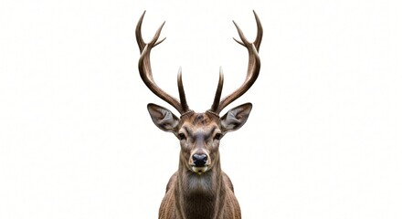 Naklejka premium A majestic stag with impressive antlers, captured in a perfect frontal symmetrical portrait against a clean white background, showcasing its regal presence in high detail