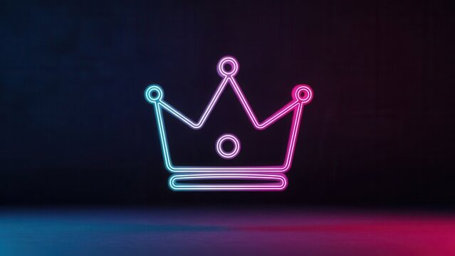 Vibrant neon glow crown emblem illuminating a dark textured stage with electric blue and magenta
