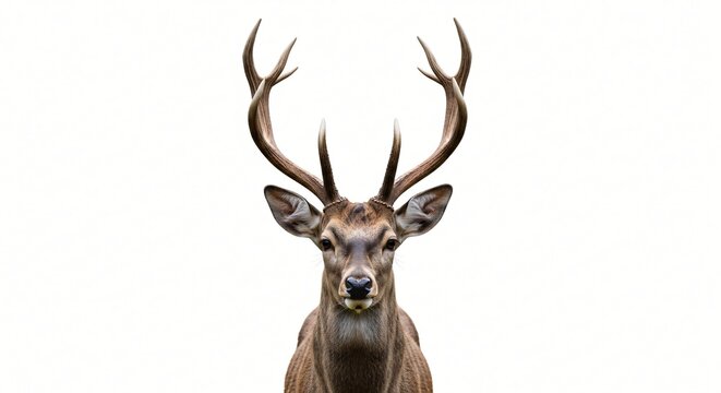 A majestic stag with impressive antlers, captured in a perfect frontal symmetrical portrait against a clean white background, showcasing its regal presence in high detail