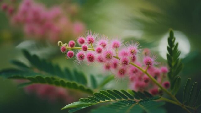 Mimosa pudica flower macro shot of sensitive plant in bloom