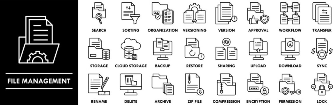 File Management outline icon collection set. Containing design document management, file organizer, data organization, folder system