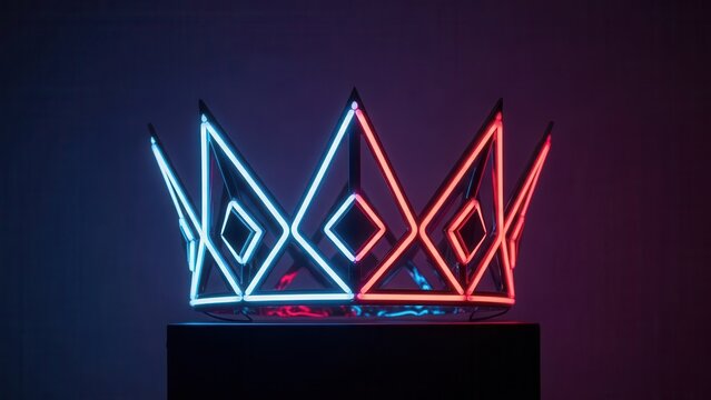 Illuminated neon crown glowing in vibrant blue and red tones, a modern symbol of digital royalty