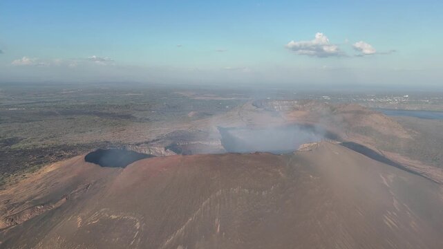 Masaya volcano caldera aerial drone view at sunset light