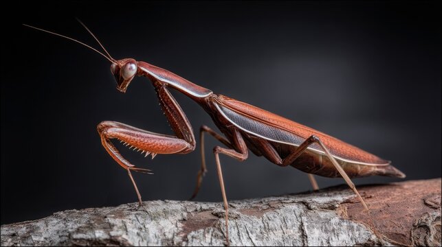 A Brown Praying Mantis in Defensive Stance on a Textured Branch, Showcasing Predatory Instincts and Wildlife Detail