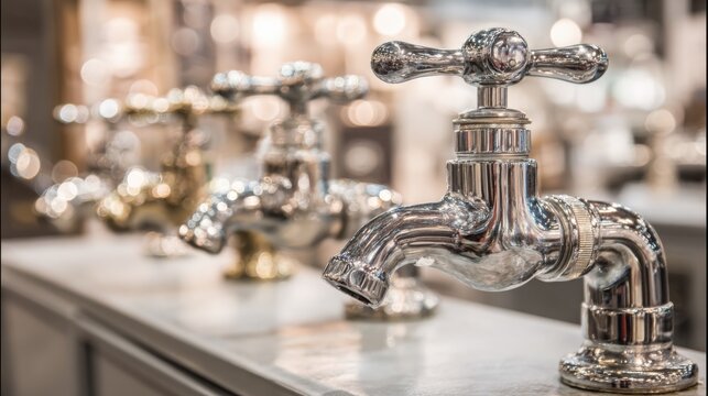 Array of Polished Chrome Faucets and Industrial Plumbing Fixtures Showcasing Modern Hardware Design