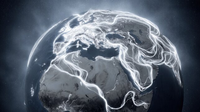 An illuminated globe with bright glowing lines crisscrossing continents and oceans, representing global connectivity and a vast digital network.