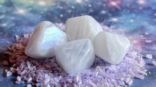 Cluster of smooth pale moonstones with subtle internal iridescence displayed on a textured purple surface