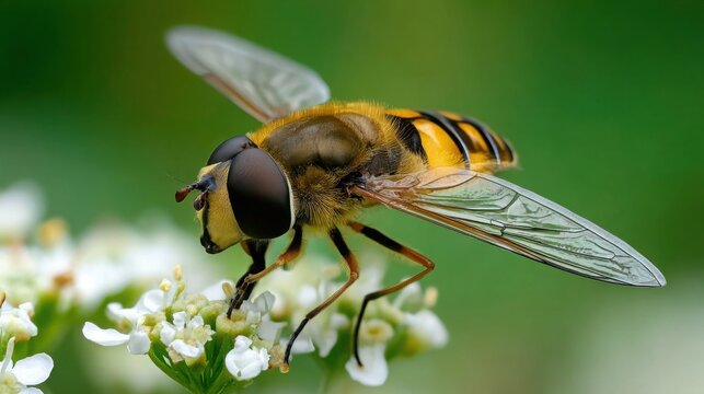 Detailed Macro Photograph of a Hoverfly Mimicking a Wasp on Delicate White Flowers Amidst Greenery